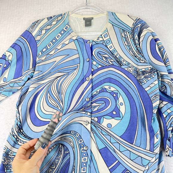 ANN TAYLOR Womens L Silk Blend Mod Blue Swirl Crystal Button Up Top Sweater - Picture 8 of 11